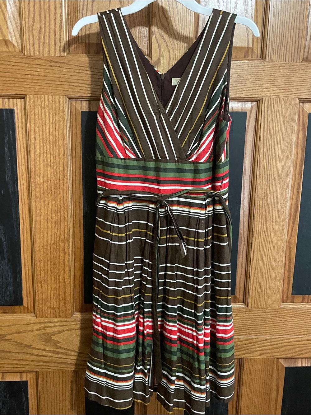 Dress Barn Brown Midi Dress with multi-color Stripes. Fully lines for comfort
